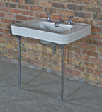 original c. 1929 american art deco "conwith" pattern white vitreous china pedestal sink with original chrome plated fittings and pedestal legs