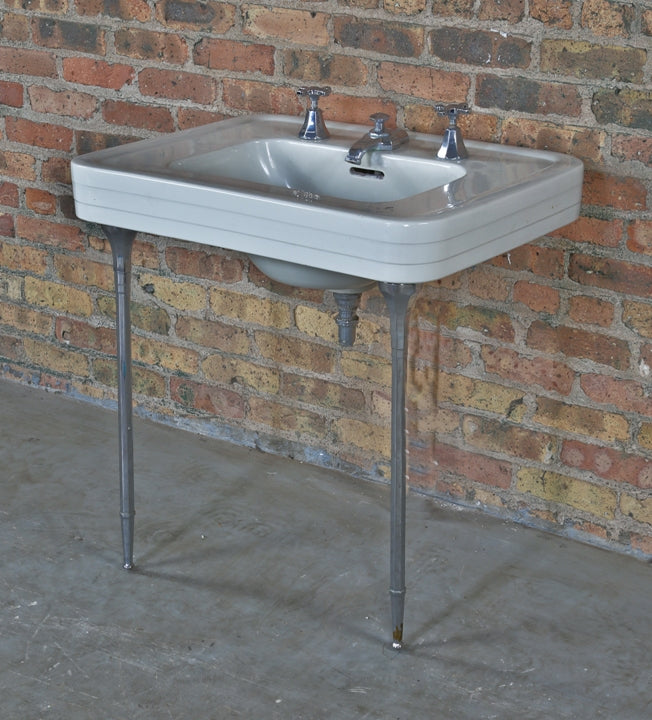 original c. 1929 american art deco "conwith" pattern white vitreous china pedestal sink with original chrome plated fittings and pedestal legs