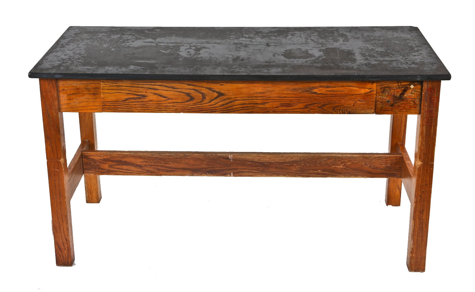 nice-sized american industrial early 1940's original science laboratory workbench with four-legged oak wood base and genuine slate top