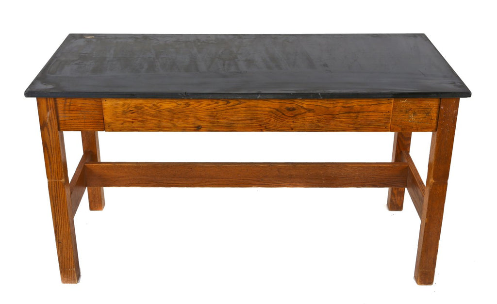 all original and intact american industrial research laboratory desk comprised of oak wood with solid slate top