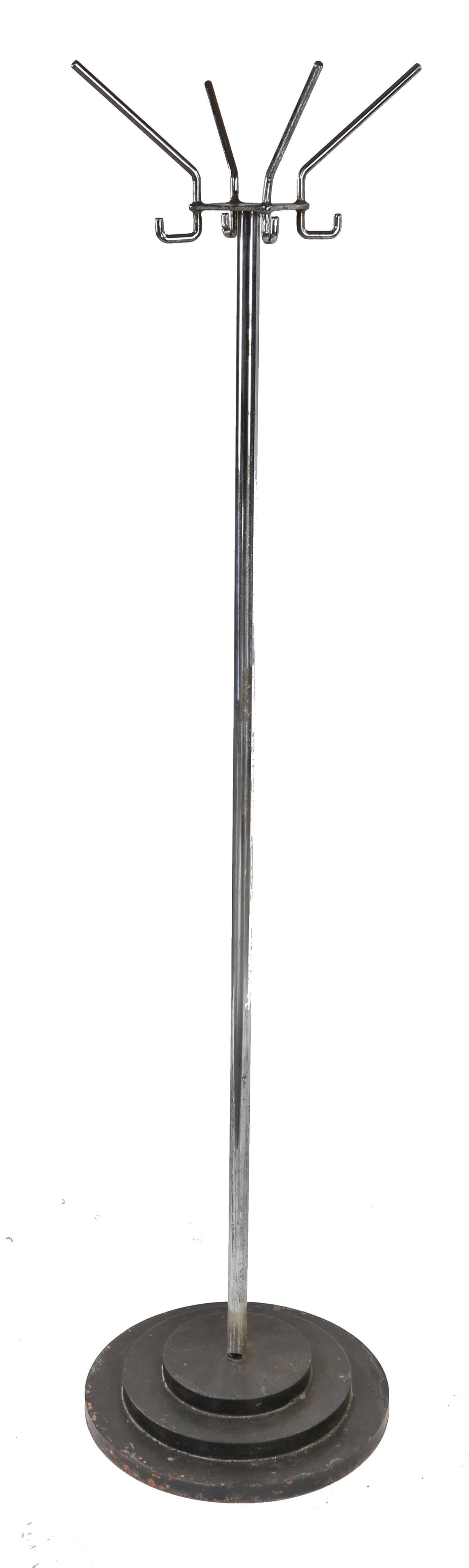 original c. 1940's south side chicago freestanding chrome plated steel revolving top barbershop coat rack with stepped base