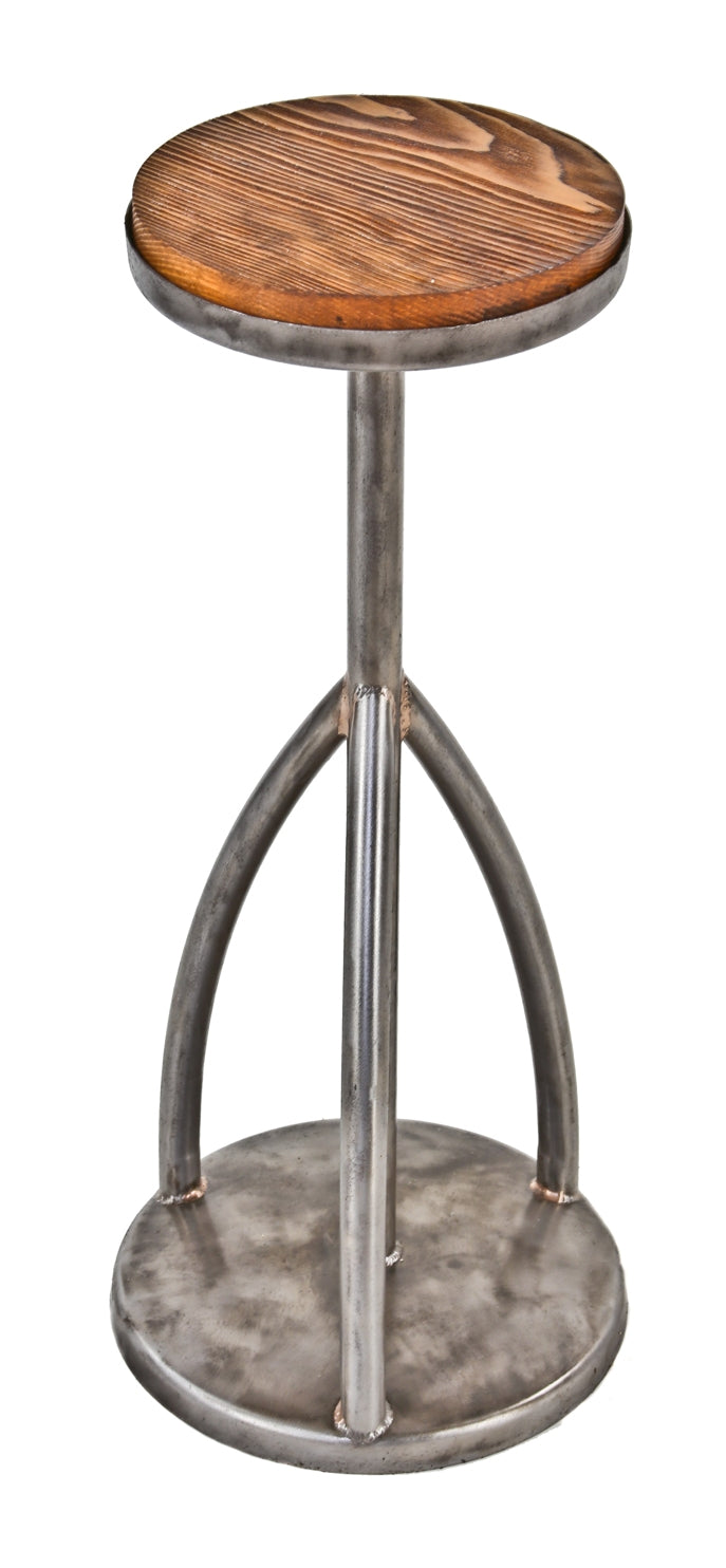 unusual american vintage industrial scrapyard folk art all-welded joint bent tubular steel three-legged plant stand with newly added pine wood top