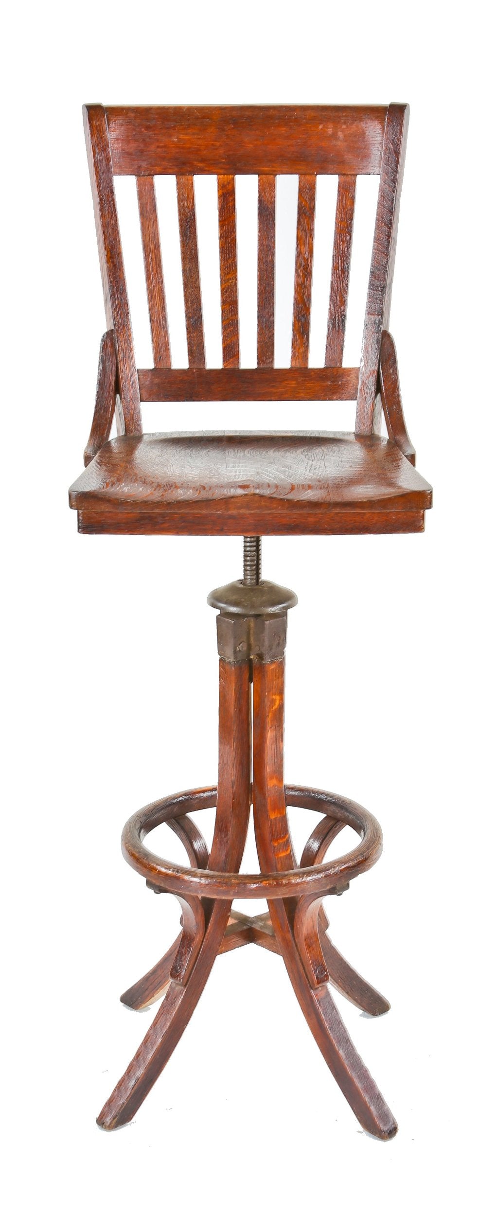 very clean and well-maintained fully adjustable early 20th century varnished oak wood chair back draftsman stool