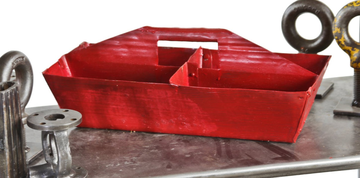 portable c. 1940's american industrial red-painted compartmentalized handyman tote with integrated handle