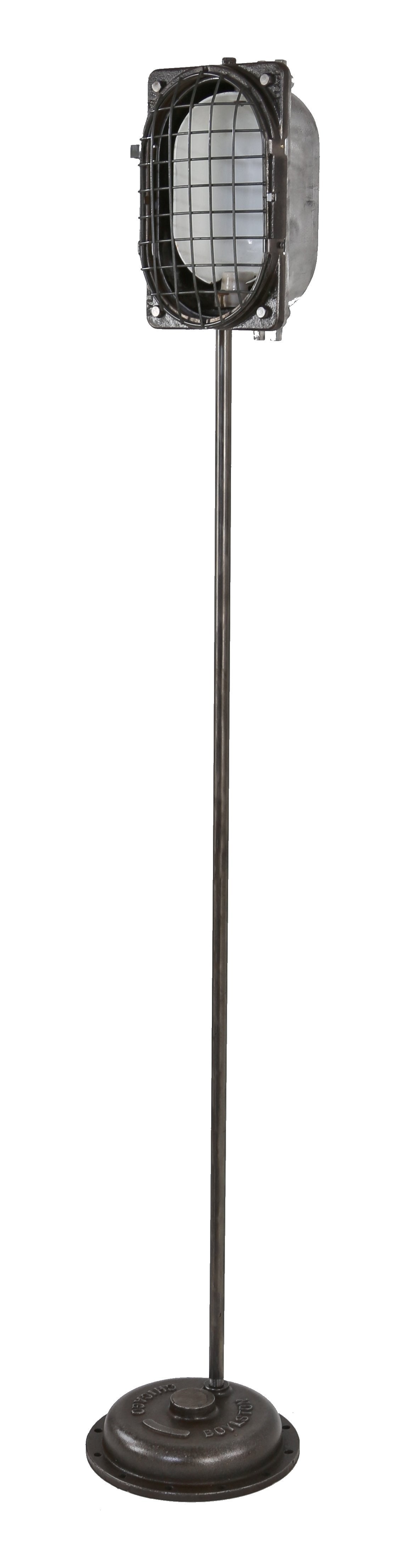 refurbished american vintage c. 1940's industrial cast iron and steel pyle railroad "trouble light" with original steel mesh cage