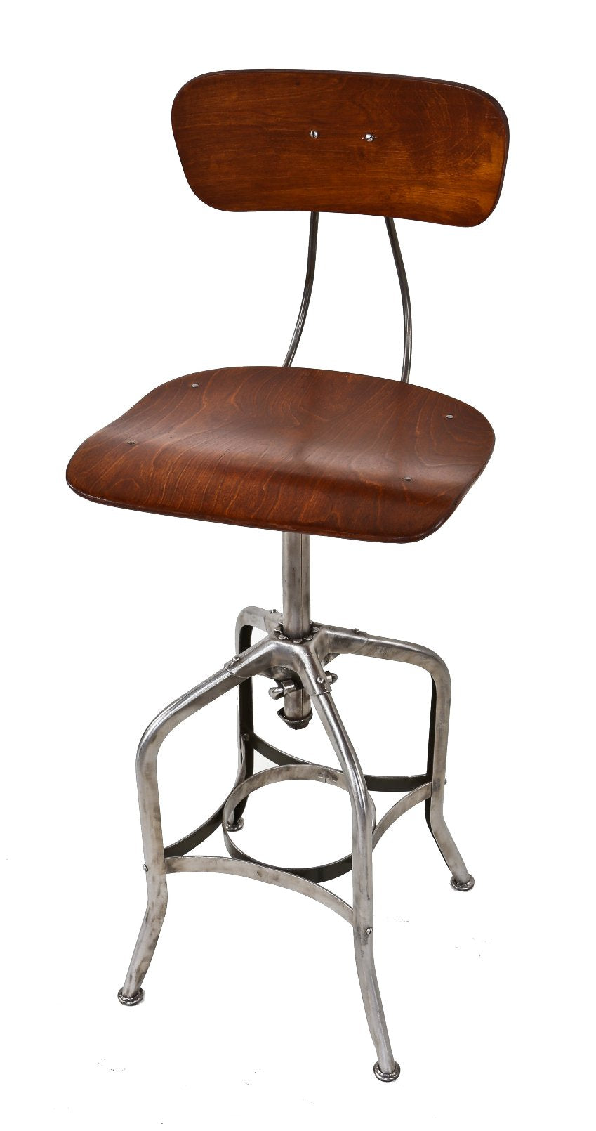 restored c. 1930's highly desirable american industrial adjustable height "uhl art stool" with dark maple wood saddle seat and backrest