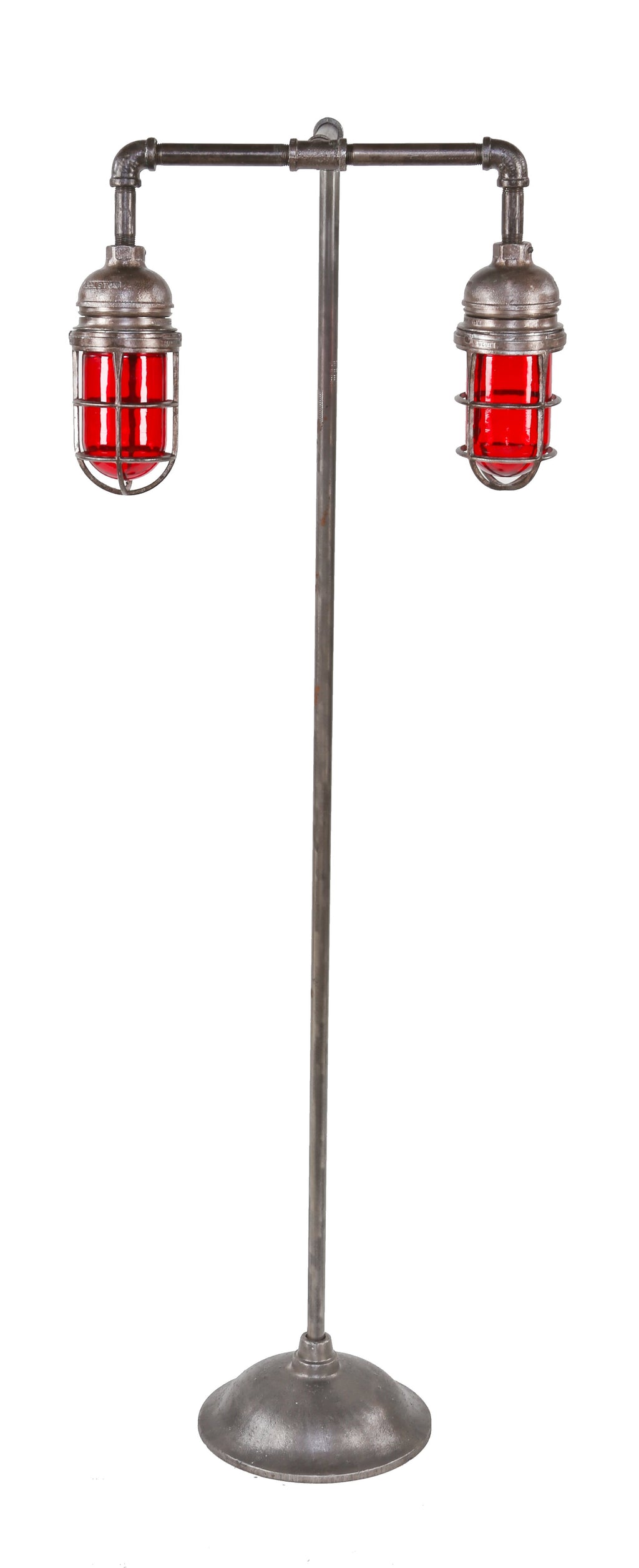 repurposed american industrial freestanding "explosion proof" double-arm steel pipe floor lamp with ruby red glass "jars" or bulb guards