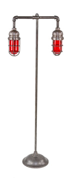 repurposed american industrial freestanding "explosion proof" double-arm steel pipe floor lamp with ruby red glass "jars" or bulb guards