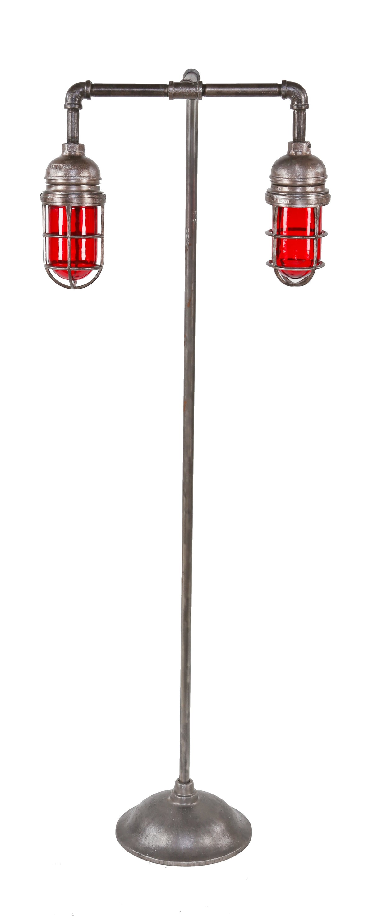 repurposed american industrial freestanding "explosion proof" double-arm steel pipe floor lamp with ruby red glass "jars" or bulb guards