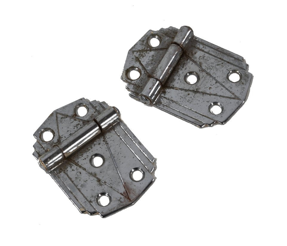 matching set of diminutive chrome-plated steel machine age sterilizer cabinet door hinges in incised geometric design
