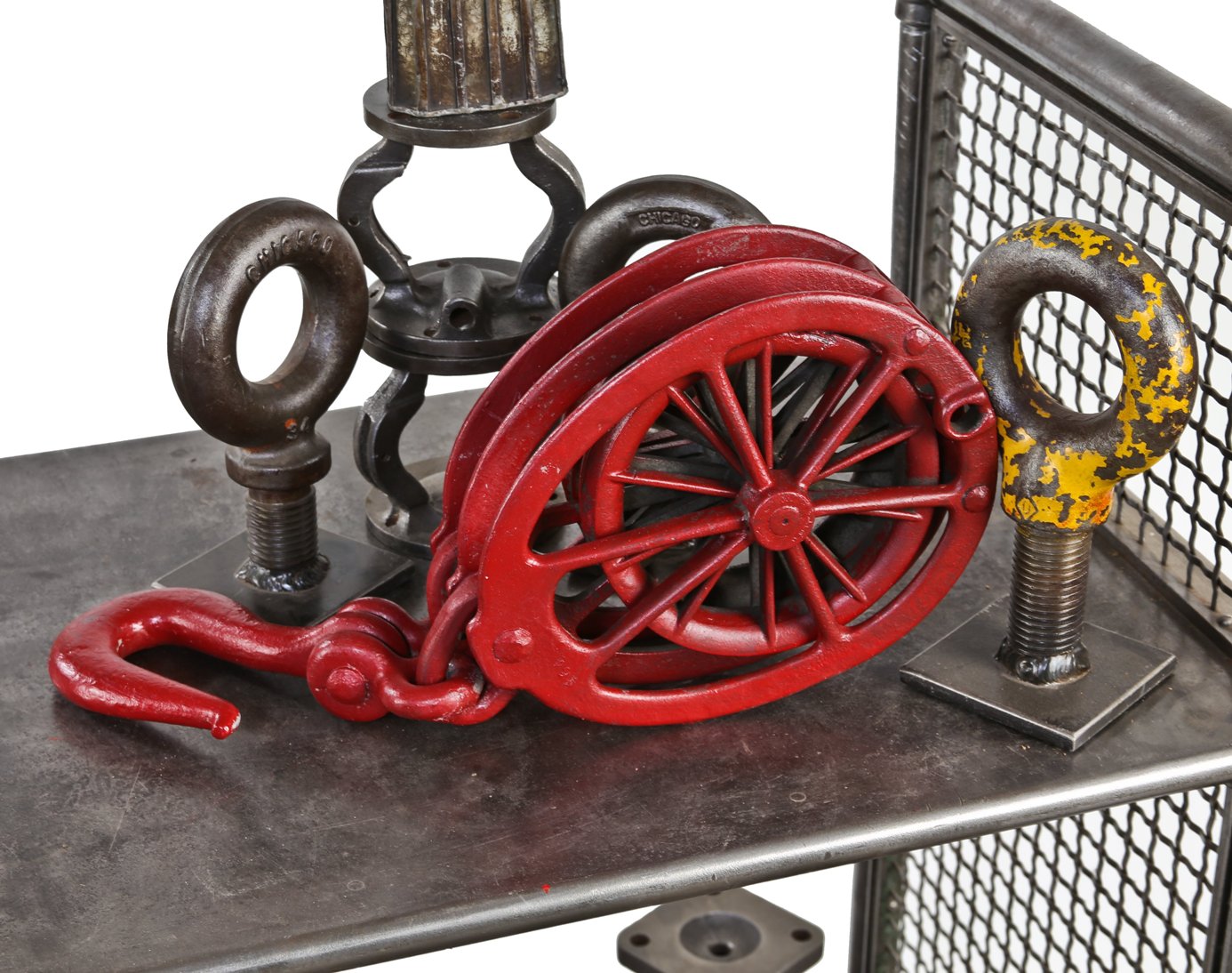 oversized early 20th century antique american industrial red painted cast iron hoisting double-sheave pulley block with bow shackle and hook