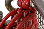 oversized early 20th century antique american industrial red painted cast iron hoisting double-sheave pulley block with bow shackle and hook