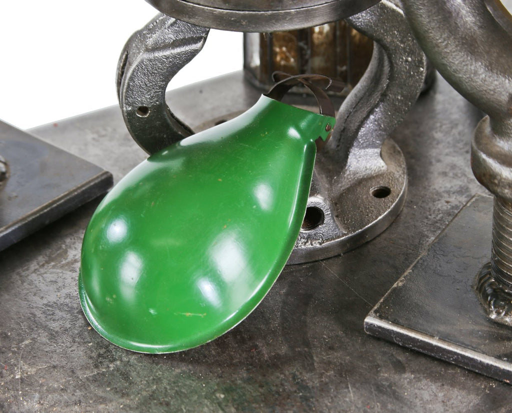 c. 1930's "new old stock" baked green enameled pressed and folded aluminum task lamp incandescent light bulb socket reflector