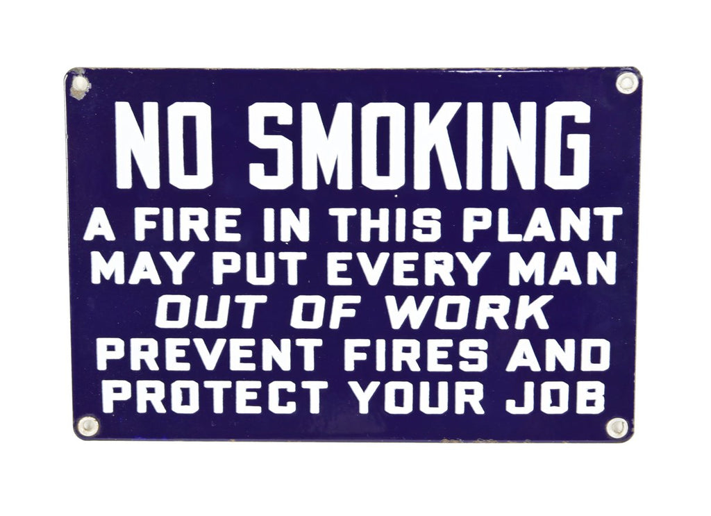 rare c. 1920-30 american industrial cobalt blue porcelain enameled iron "no smoking" single-sided cautionary plant sign with bold white lettering