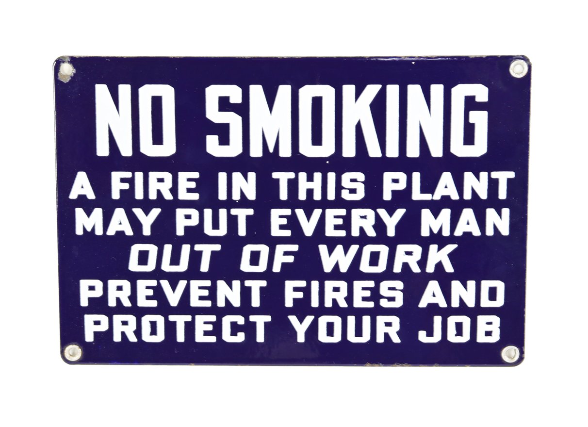 rare c. 1920-30 american industrial cobalt blue porcelain enameled iron "no smoking" single-sided cautionary plant sign with bold white lettering