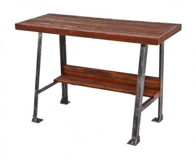 repurpsoed american vintage industrial stationary oak wood workbench or multi-purpose media desk with steel bases