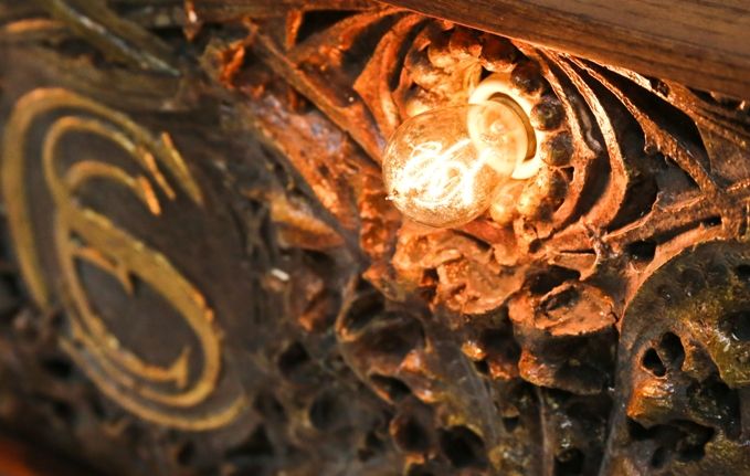 original louis h. sullivan-designed monogrammed polychromed plaster panel salvaged from 1894 chicago stock exchange trading room in 1972