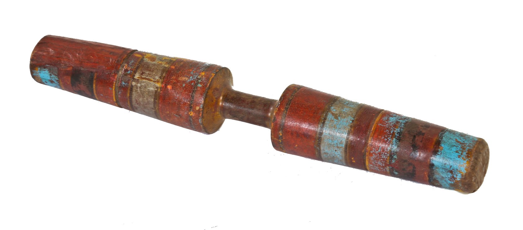 very unusual late 19th or early 20th century turned and tapered hardwood exercise "dumbell" with crazed polychrome enameled finish