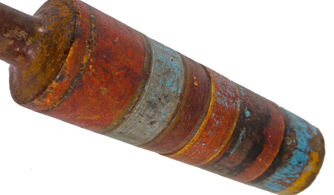 very unusual late 19th or early 20th century turned and tapered hardwood exercise "dumbell" with crazed polychrome enameled finish