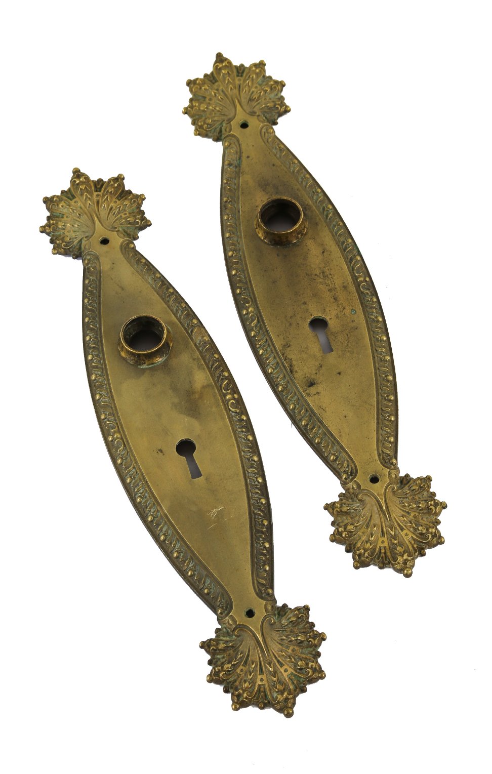 original nicely aged "marquise" pattern interior residential ornamental cast brass doorknob backplates with intact thimbles