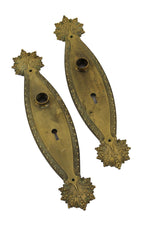 original nicely aged "marquise" pattern interior residential ornamental cast brass doorknob backplates with intact thimbles