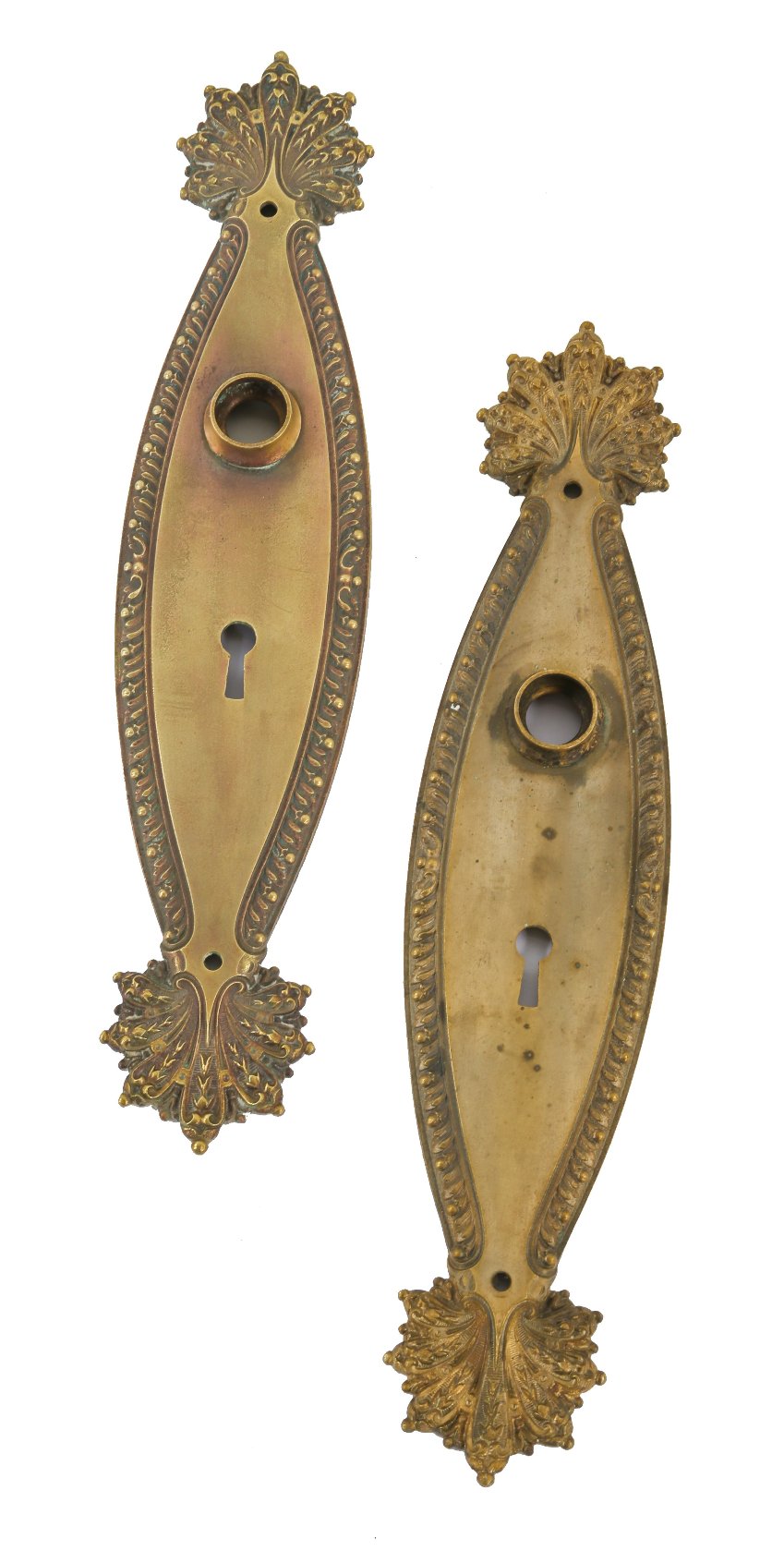 two matching original intricately designed cast brass "marquise" pattern interior residential passage door backplates