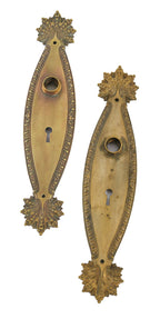 two matching original intricately designed cast brass "marquise" pattern interior residential passage door backplates
