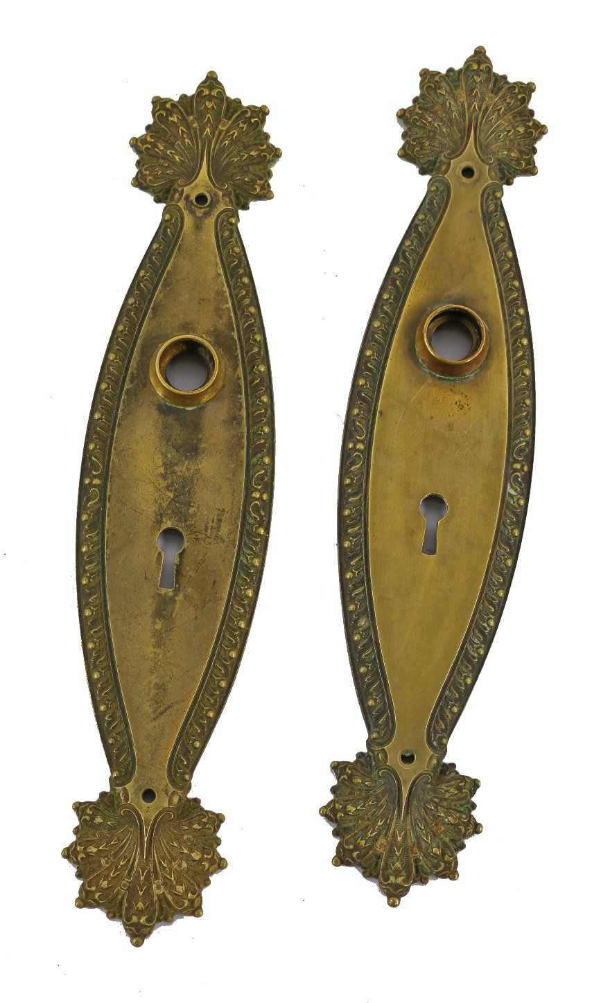 identical early 20th century ornamental cast yellow brass interior residential "marquise" pattern interior residential doorknob backplates