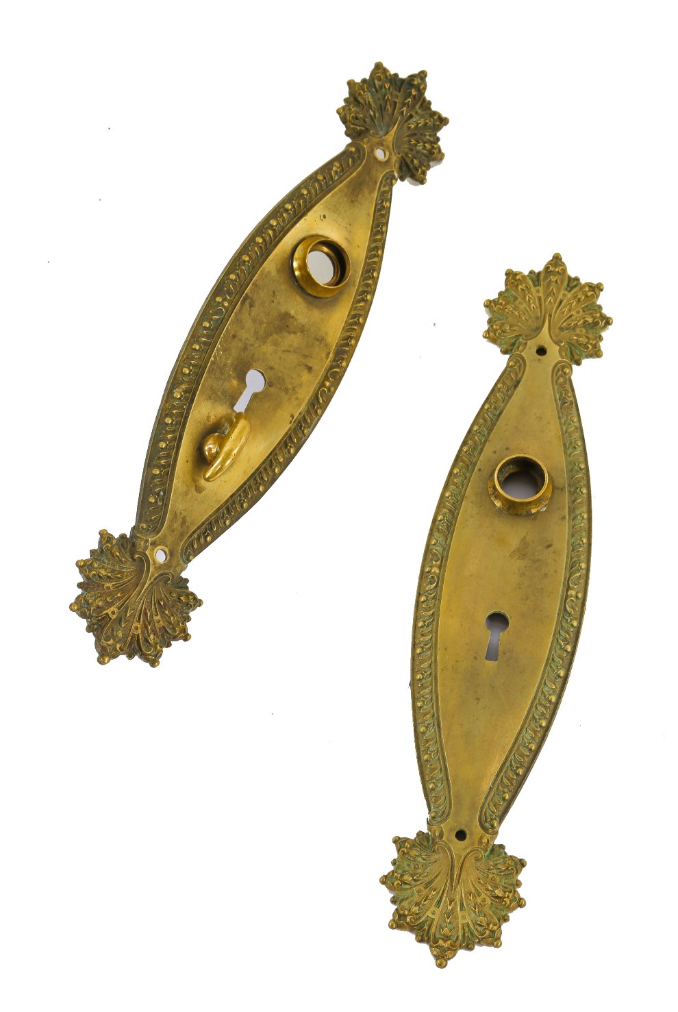 c. 1900's original ornamental cast brass interior residential "marquise" pattern passage door backplates with nicely aged surface patina
