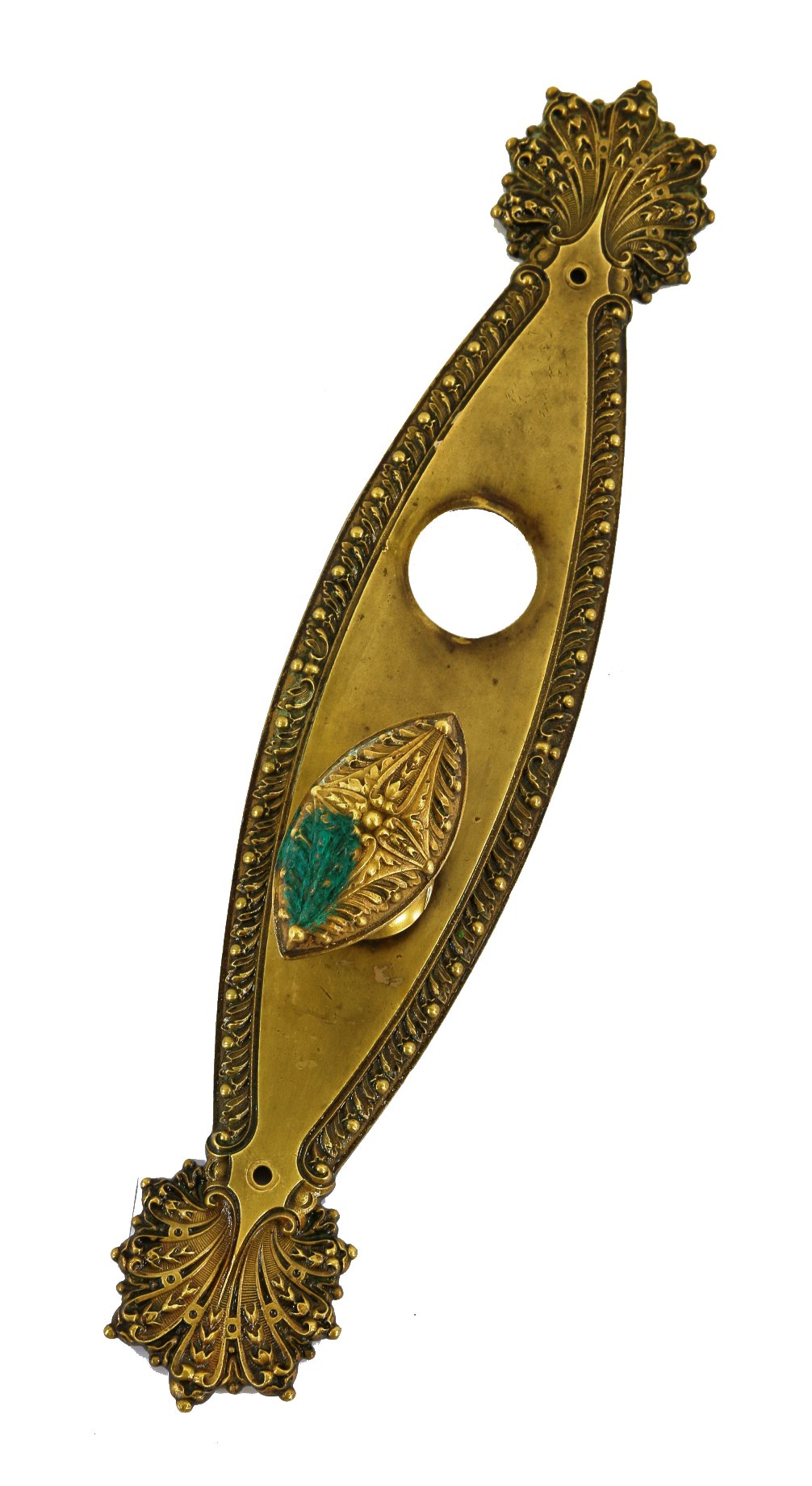 oversized early 20th century exterior residential entrance door "marquise" pattern cast brass backplate with matching doorknob