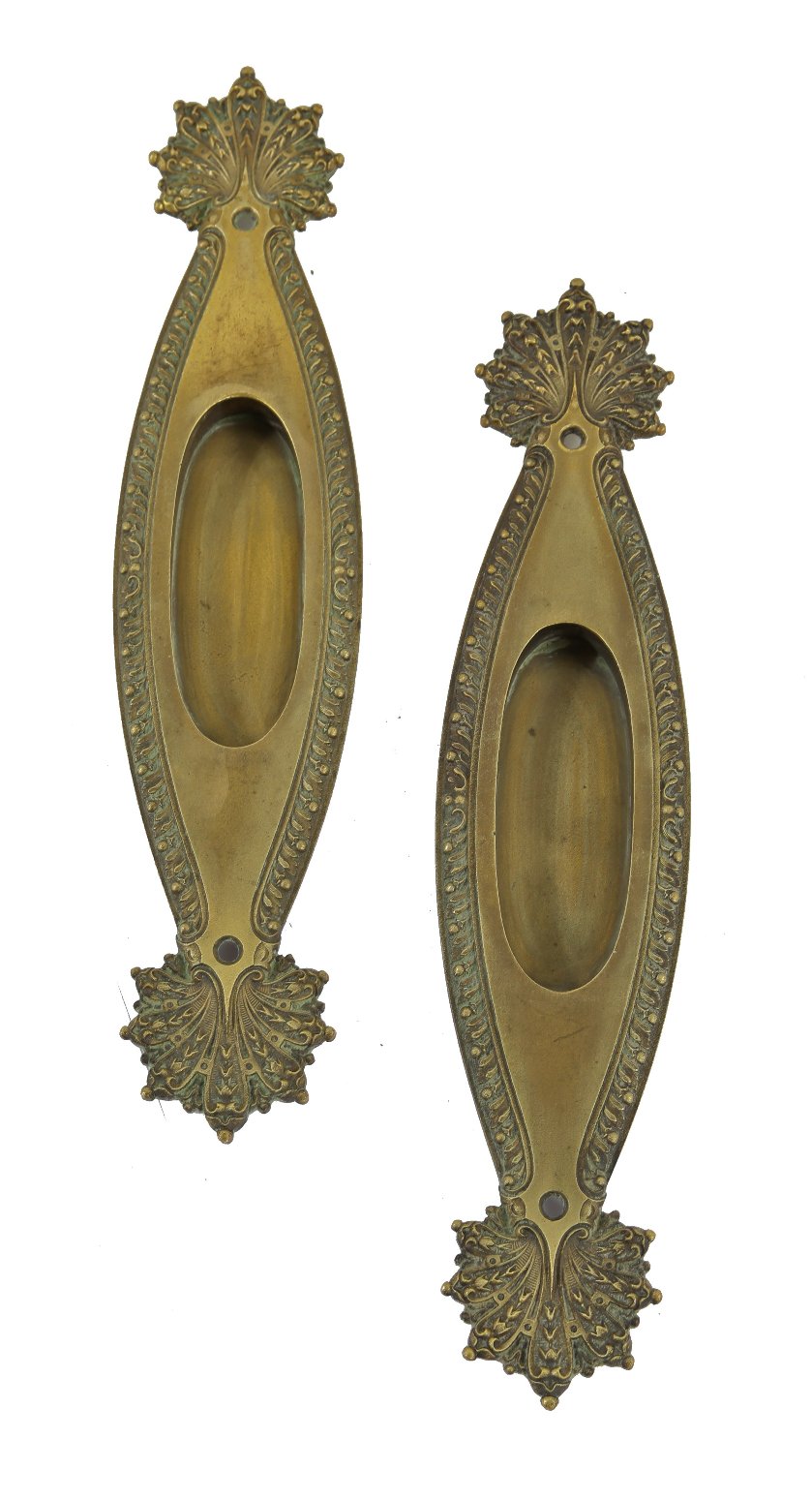 original early 20th century oversized ornamental cast brass "marquise" pattern interior residential pocket door backplates