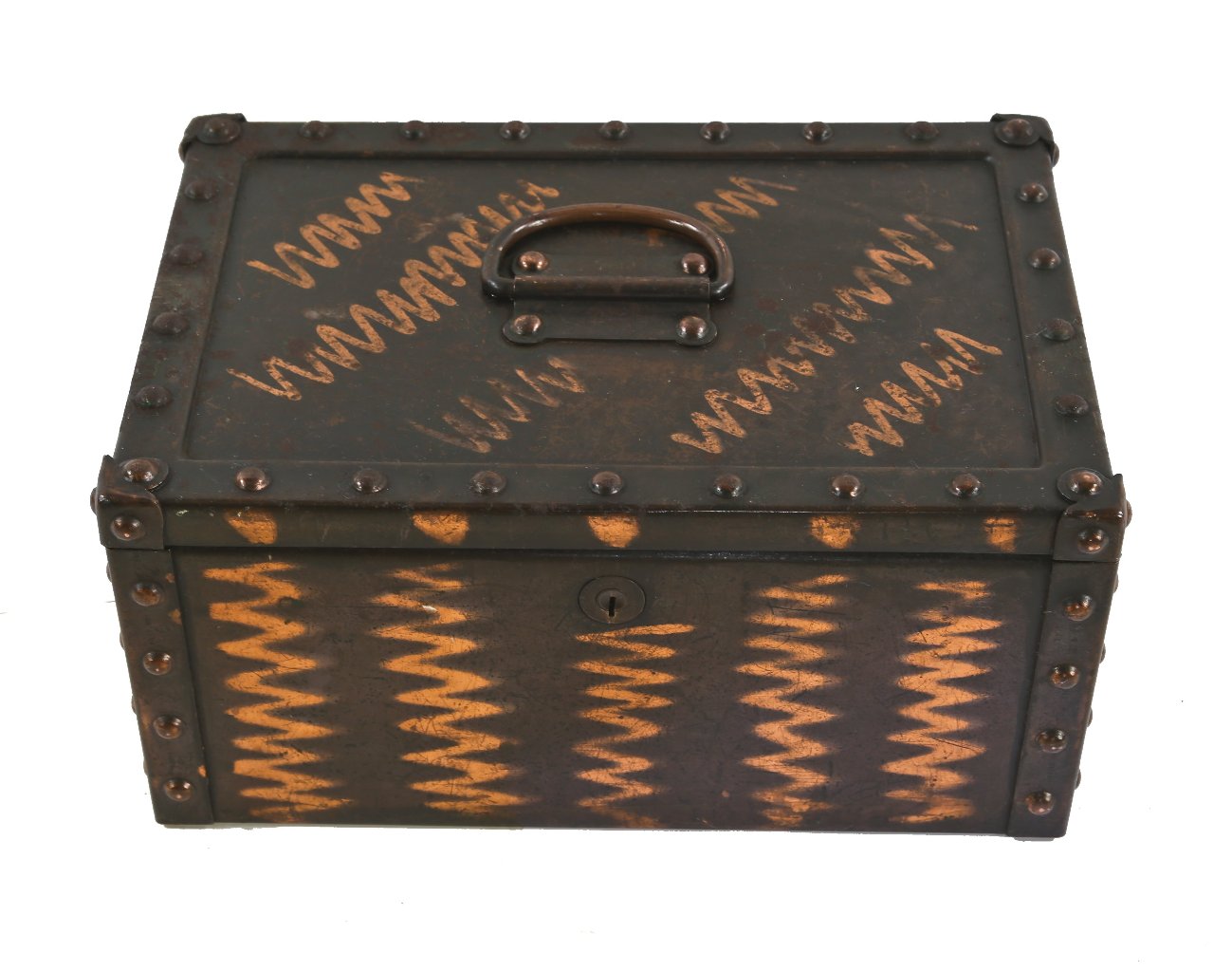 unique c. early 20th century american industrial reinforced "fireproof" solid steel strong box with original oxidized copper-plated finish