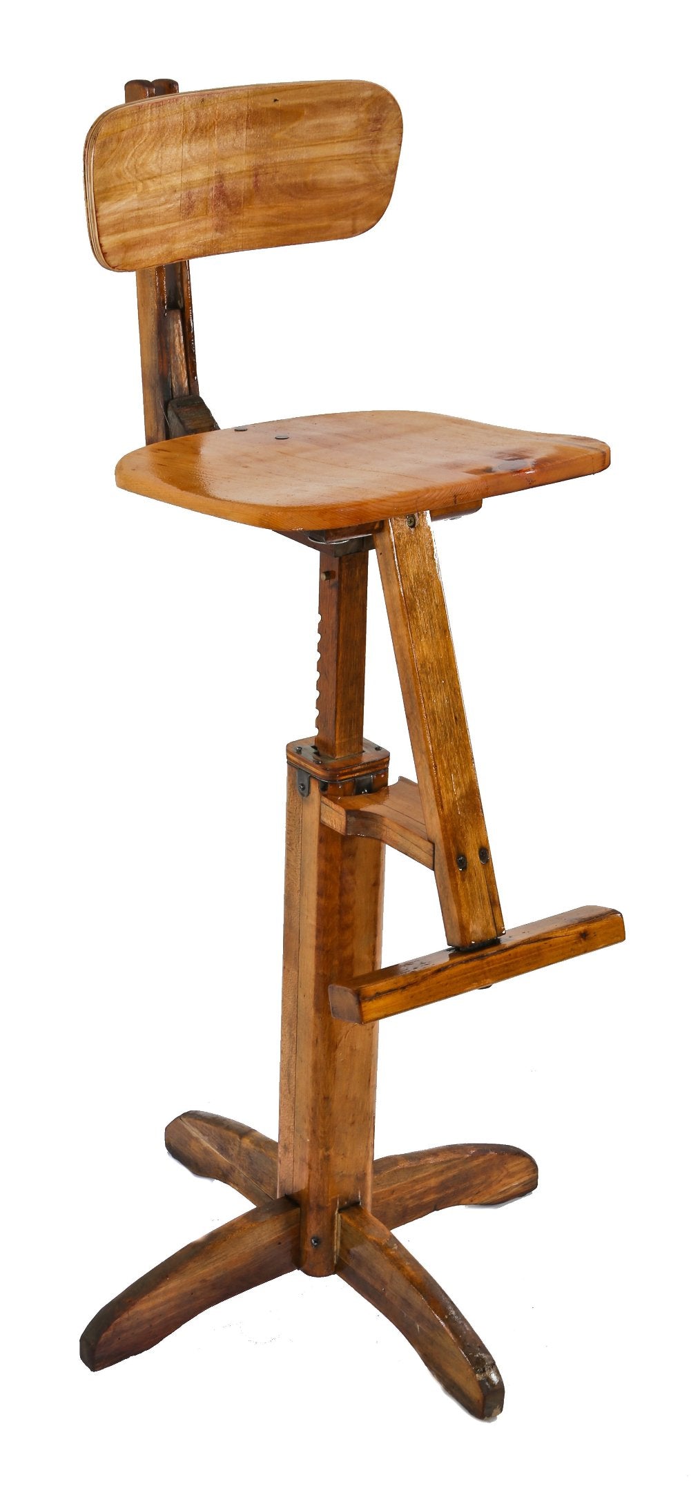 unique odd original c. 1930's patented american vintage industrial refinished adjustable height hardwood four-legged stool with projecting footrest