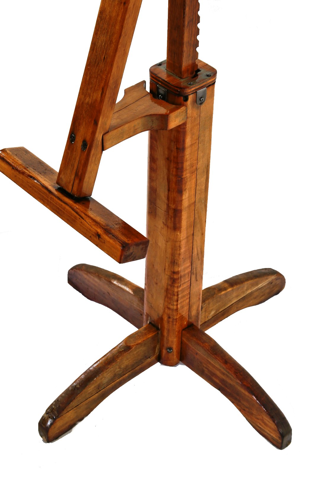 unique odd original c. 1930's patented american vintage industrial refinished adjustable height hardwood four-legged stool with projecting footrest