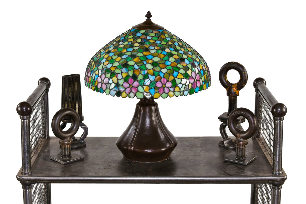 unusual early 20th century signed american craftsman style telescoping patinated bronze metal table lamp with variegated art glass shade