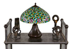 unusual early 20th century signed american craftsman style telescoping patinated bronze metal table lamp with variegated art glass shade