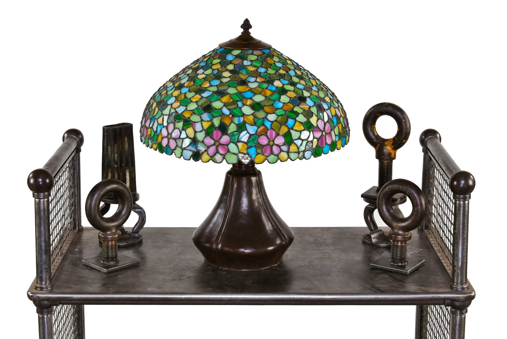 unusual early 20th century signed american craftsman style telescoping patinated bronze metal table lamp with variegated art glass shade