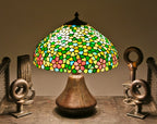 unusual early 20th century signed american craftsman style telescoping patinated bronze metal table lamp with variegated art glass shade