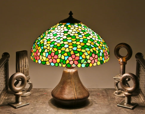 unusual early 20th century signed american craftsman style telescoping patinated bronze metal table lamp with variegated art glass shade
