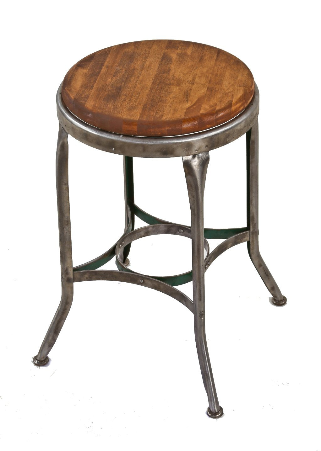 folded and formed brushed steel four-legged "uhl art steel" toledo stationary stool with darkly stained solid maple wood seat