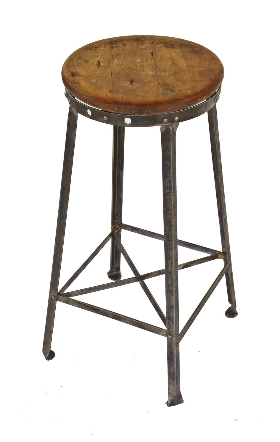 original c. 1930's american antique industrial four-legged riveted joint angled steel freestanding factory stool with maple wood seat