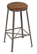 four-legged antique american industrial brushed metal factory machine shop "otsteel" workman stool with inward turned feet