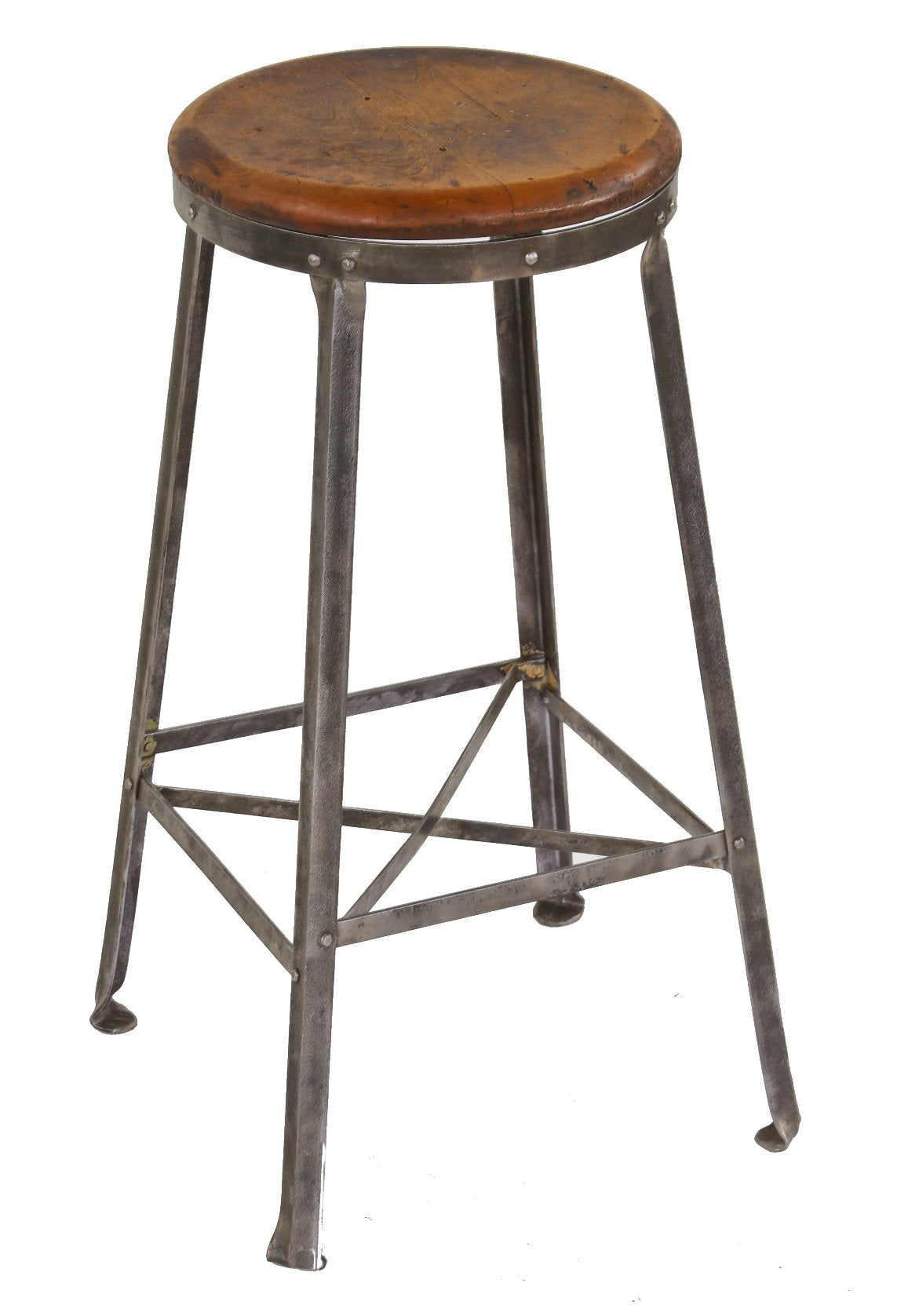 four-legged antique american industrial brushed metal factory machine shop "otsteel" workman stool with inward turned feet
