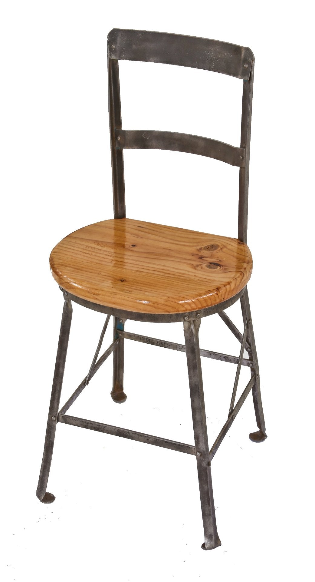 unusual c. 1930's (possibly modified) american industrial riveted joint angled steel diminutive stool or chair with backrest
