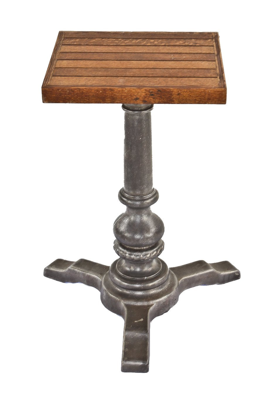 late 19th century refinished american ornamental cast iron pub or saloon table plant stand with new added tongue & groove oak wood top