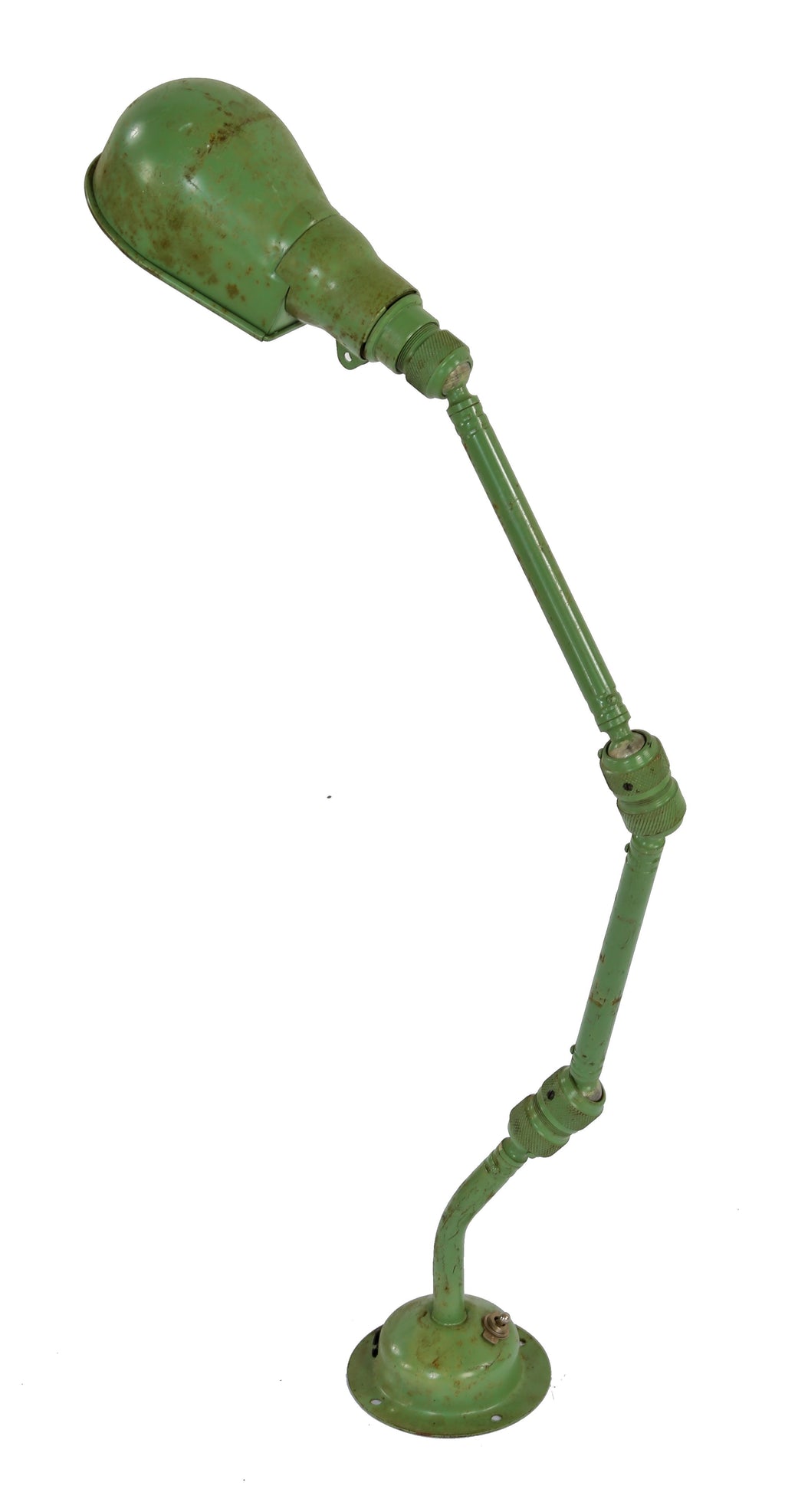 unusual double-jointed friction ring c. 1940's american industrial factory machine shop metal desk lamp with "pear" or slim helmet-shaped reflector