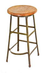 unrestored c. 1930's original antique american industrial riveted joint angled iron four-legged factory machinist stool with solid oak wood seat