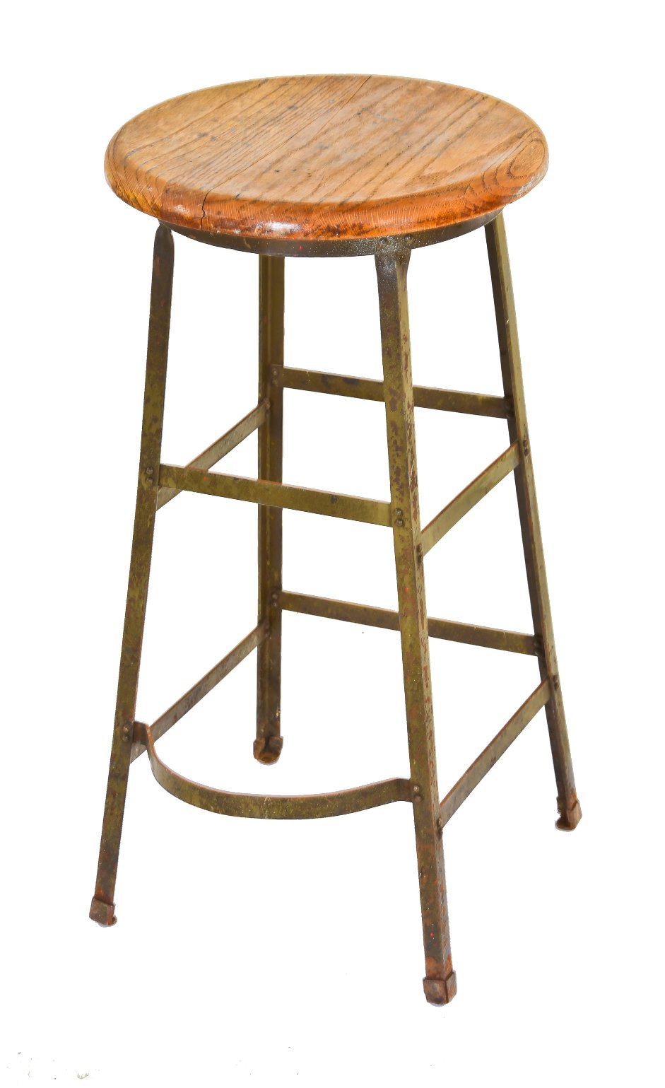 unrestored c. 1930's original antique american industrial riveted joint angled iron four-legged factory machinist stool with solid oak wood seat