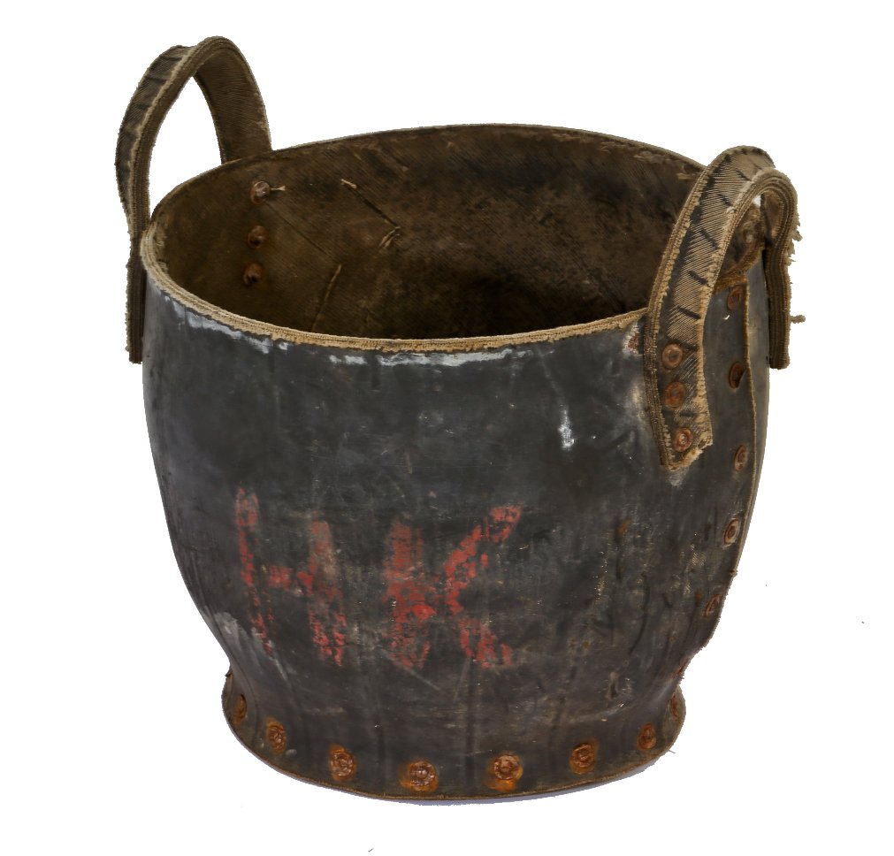 unusual weathered and worn vintage american industrial iron foundry hardened black rubber sand buckets or pots with opposed handles