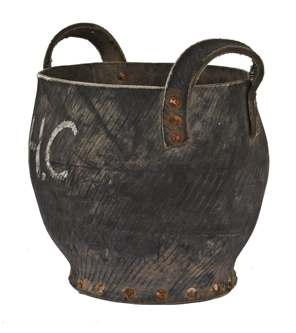 original well-made american industrial reinforced black rubber iron foundry portable bucket with hand-painted lettering